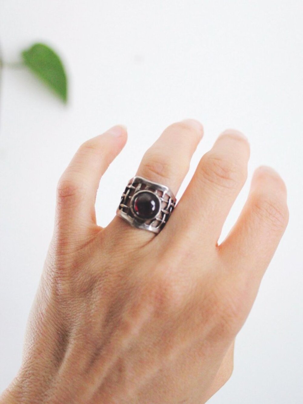 Modernist Brutalist Sterling Silver Garnet Statement Ring Grid Net A.S. Israel 9 - Picture 2 of 8